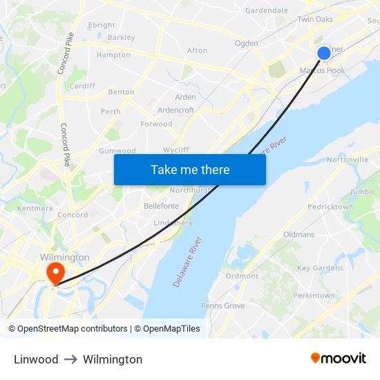 Linwood to Wilmington map