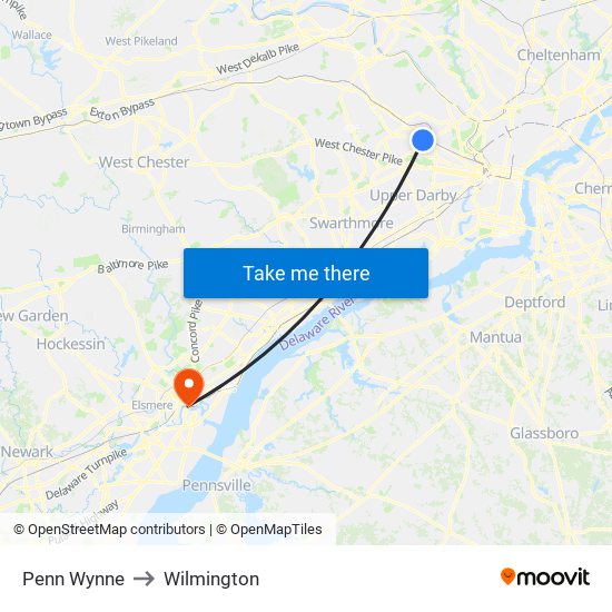 Penn Wynne to Wilmington map