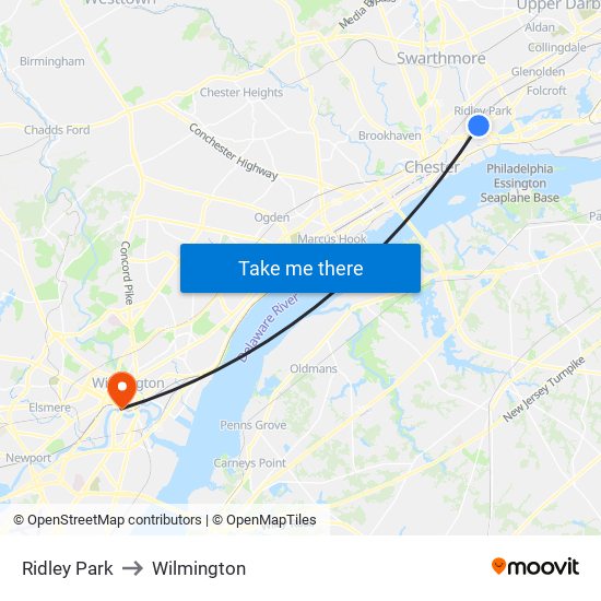 Ridley Park to Wilmington map