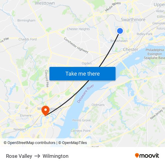 Rose Valley to Wilmington map