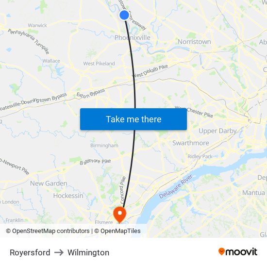 Royersford to Wilmington map