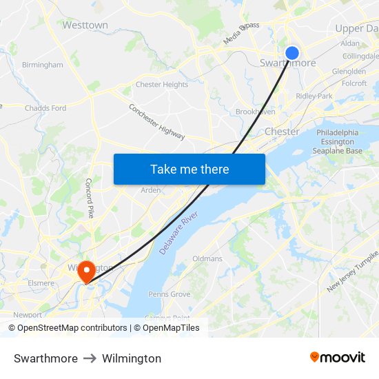 Swarthmore to Wilmington map