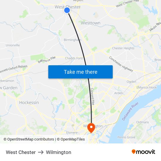 West Chester to Wilmington map