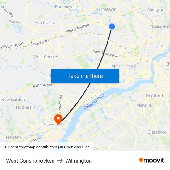 West Conshohocken to Wilmington map