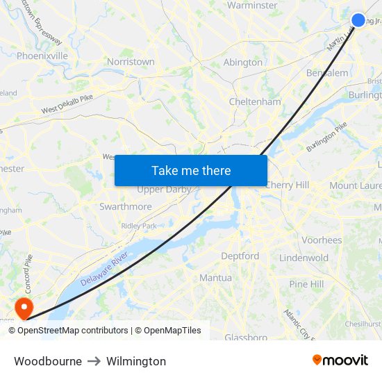 Woodbourne to Wilmington map