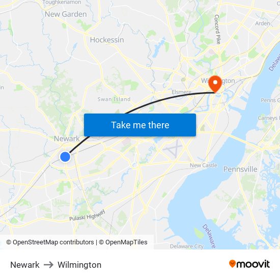 Newark to Wilmington map