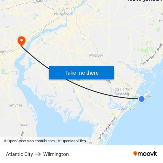 Atlantic City to Wilmington map