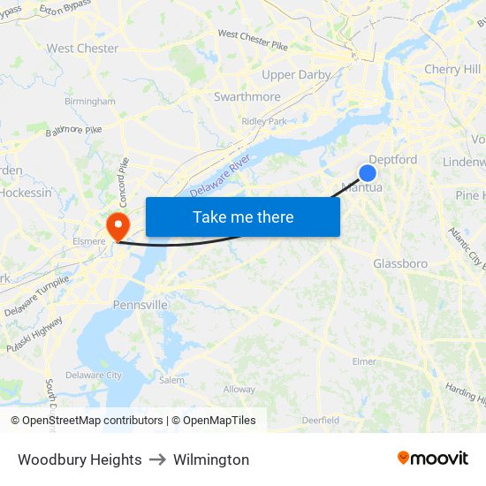 Woodbury Heights to Wilmington map