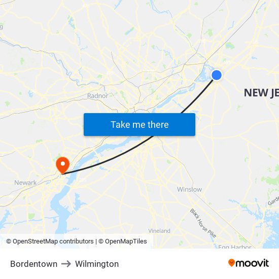 Bordentown to Wilmington map