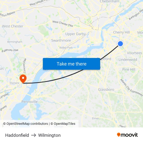 Haddonfield to Wilmington map