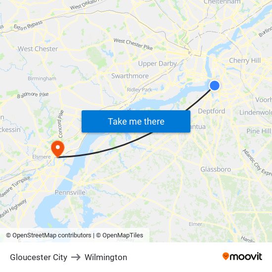 Gloucester City to Wilmington map