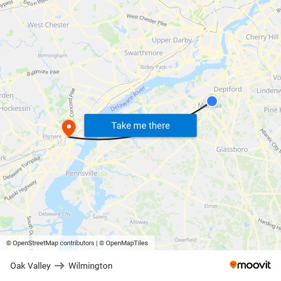Oak Valley to Wilmington map
