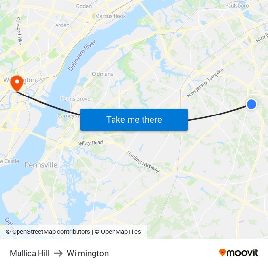 Mullica Hill to Wilmington map