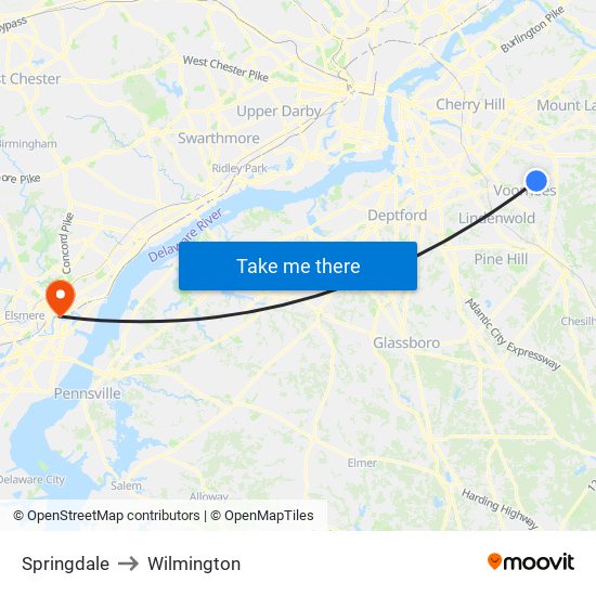 Springdale to Wilmington map