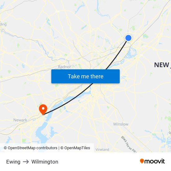 Ewing to Wilmington map