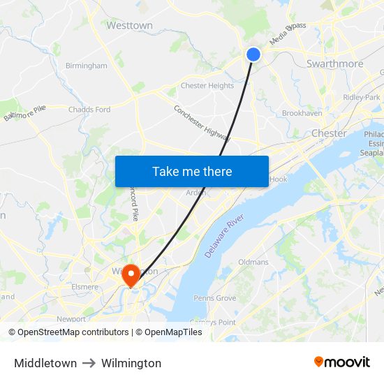 Middletown to Wilmington map