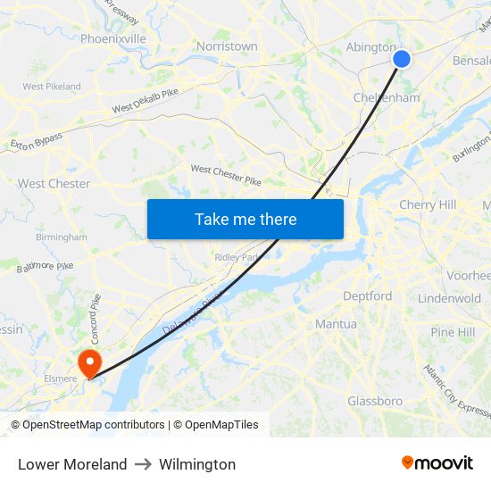 Lower Moreland to Wilmington map