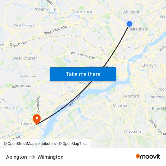 Abington to Wilmington map