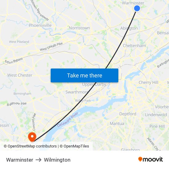 Warminster to Wilmington map