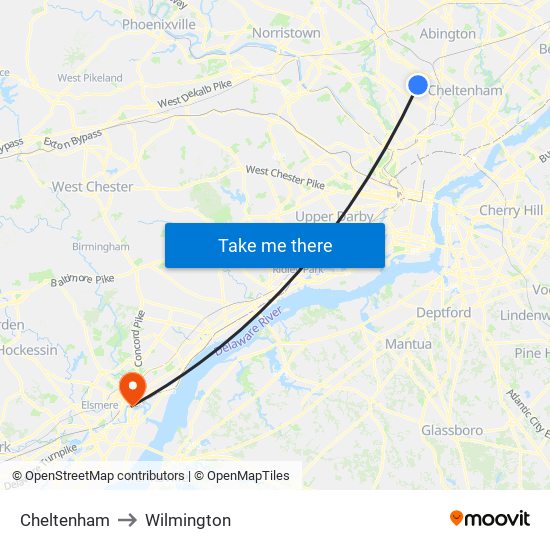Cheltenham to Wilmington map
