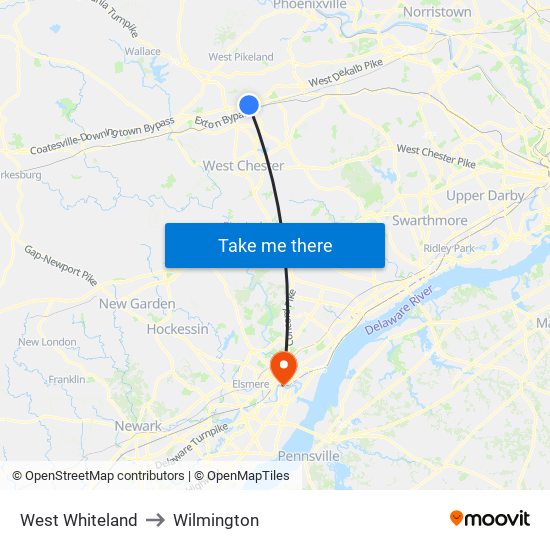 West Whiteland to Wilmington map