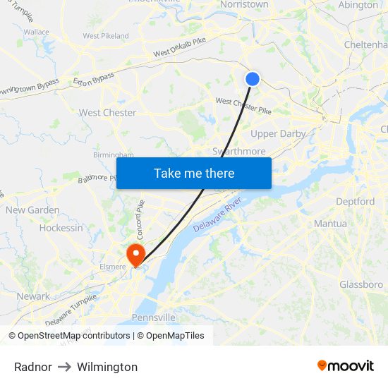 Radnor to Wilmington map