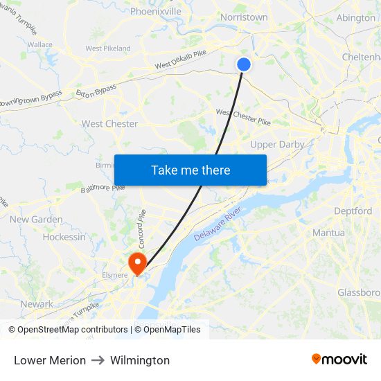 Lower Merion to Wilmington map