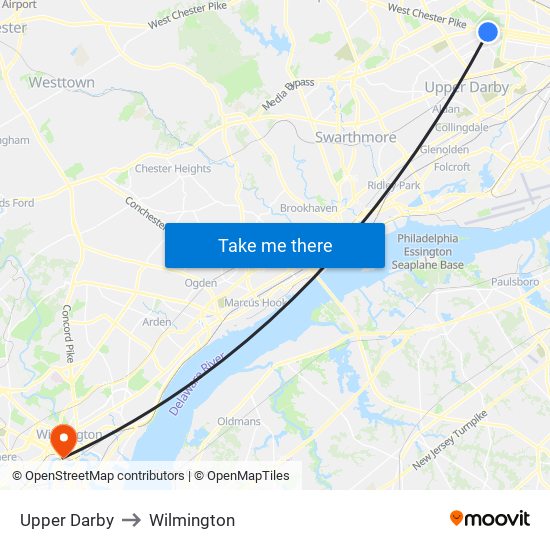 Upper Darby to Wilmington map