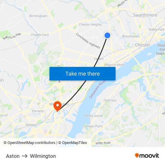 Aston to Wilmington map
