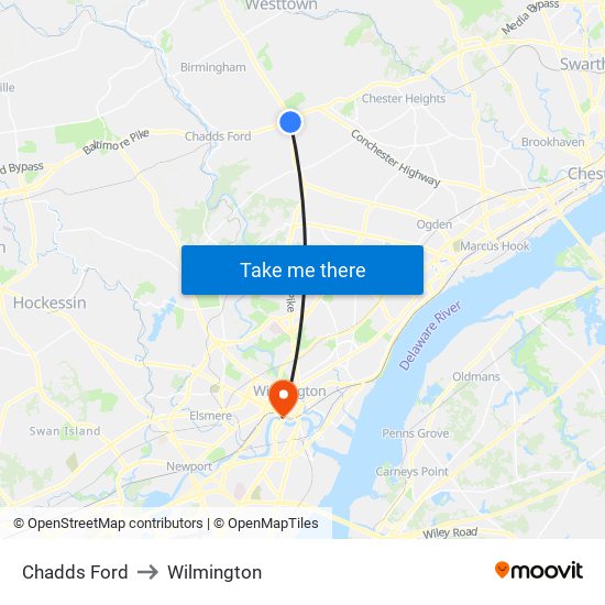 Chadds Ford to Wilmington map