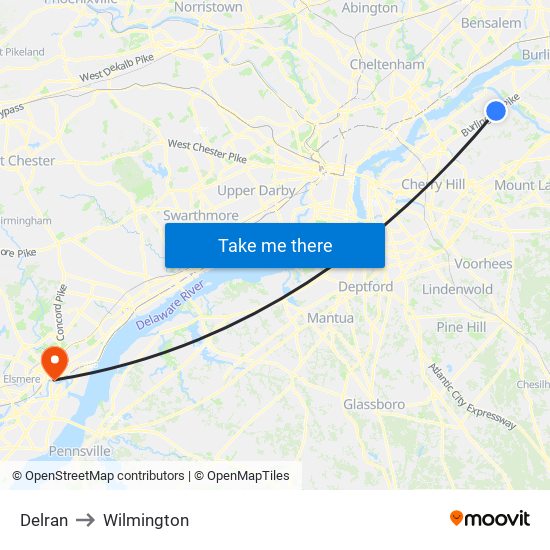 Delran to Wilmington map