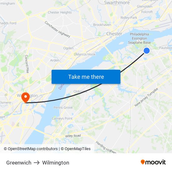 Greenwich to Wilmington map