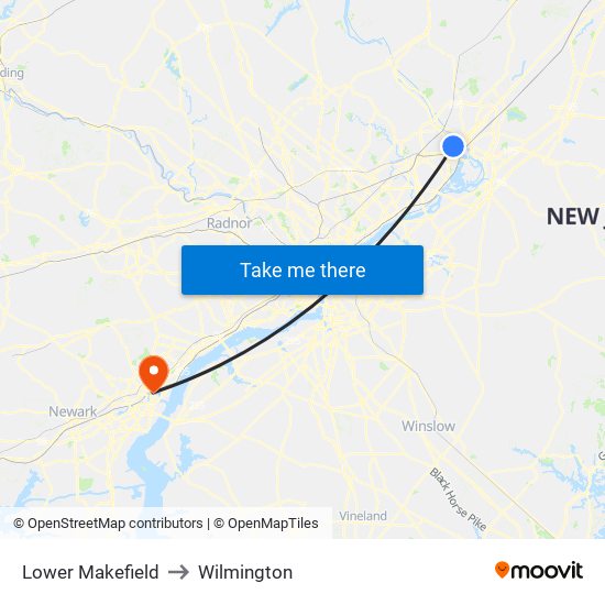 Lower Makefield to Wilmington map