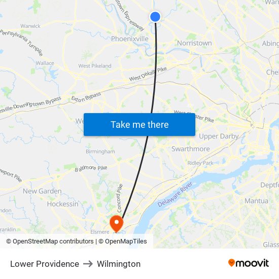 Lower Providence to Wilmington map
