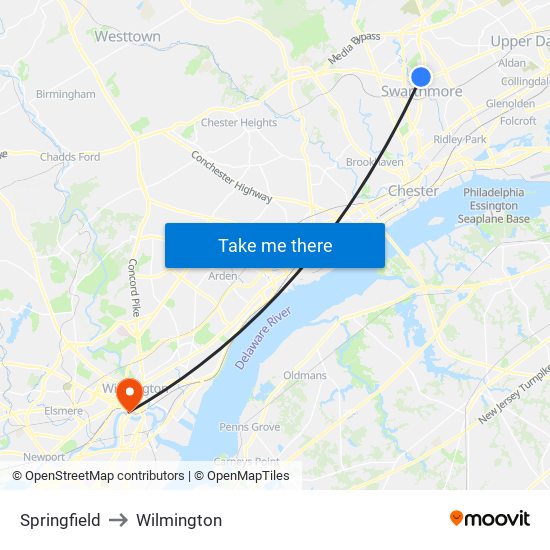 Springfield to Wilmington map