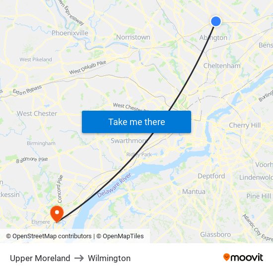 Upper Moreland to Wilmington map