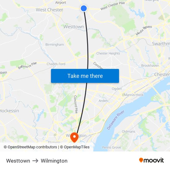 Westtown to Wilmington map