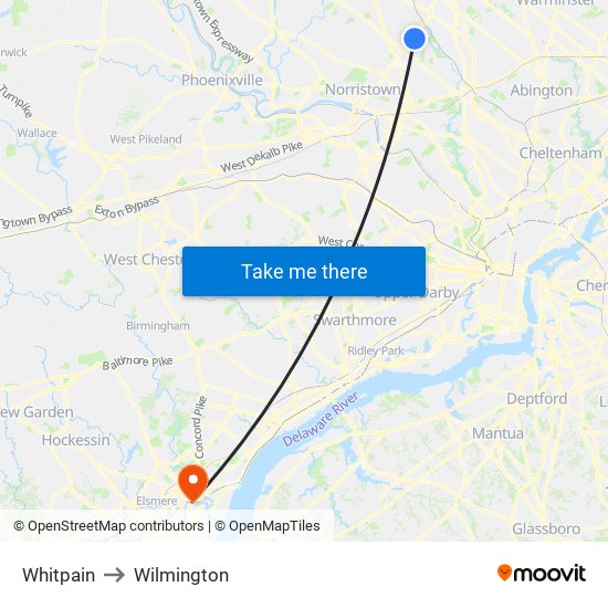 Whitpain to Wilmington map