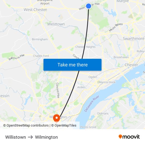 Willistown to Wilmington map
