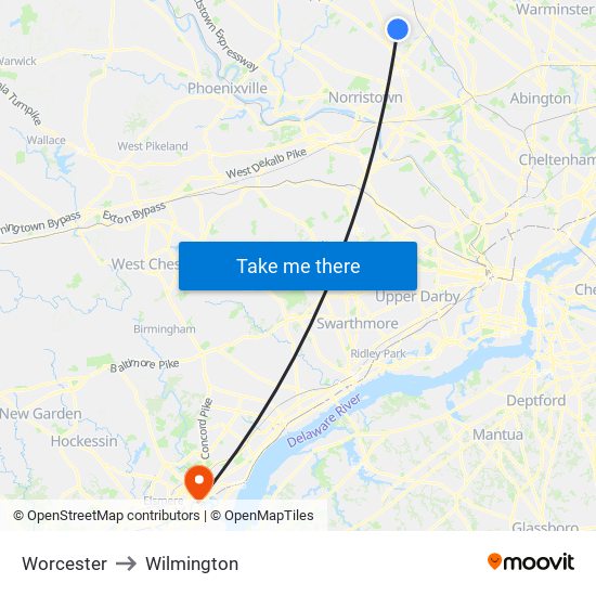Worcester to Wilmington map