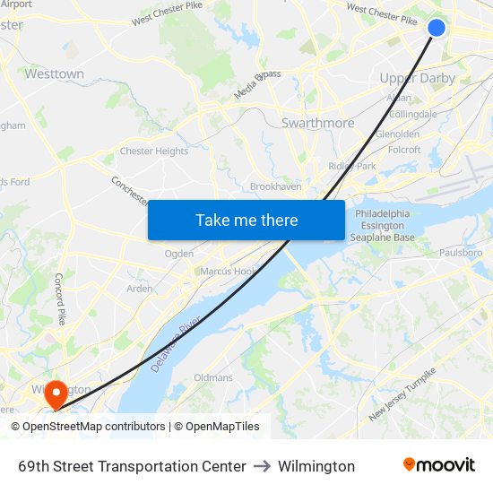 69th Street Transportation Center to Wilmington map
