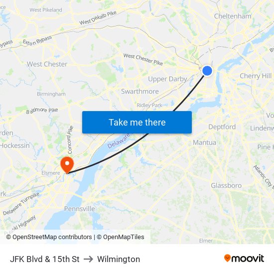 JFK Blvd & 15th St to Wilmington map