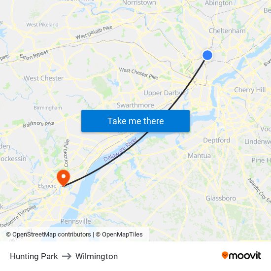Hunting Park to Wilmington map