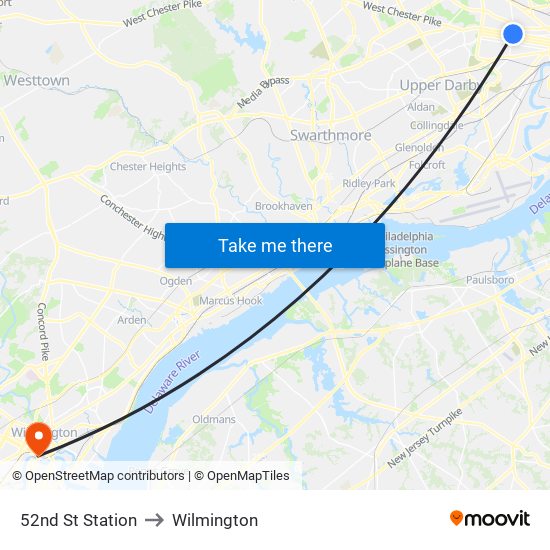 52nd St Station to Wilmington map