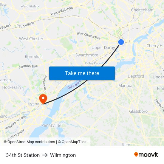 34th St Station to Wilmington map