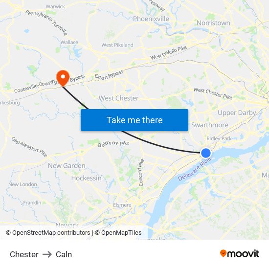 Chester to Caln map