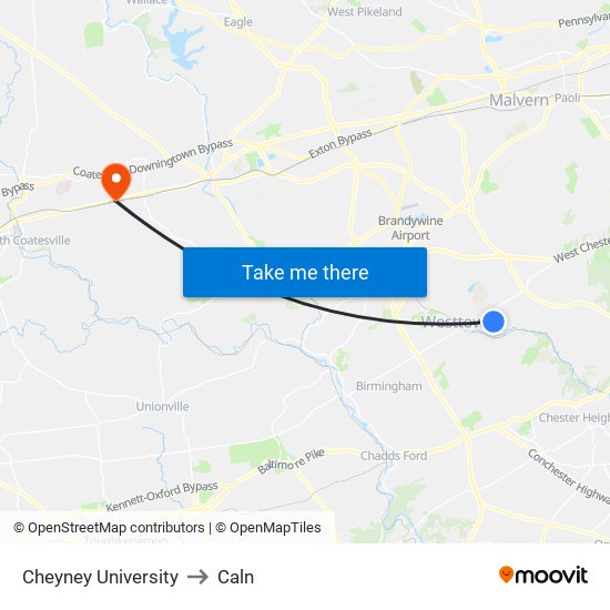 Cheyney University to Caln map