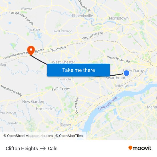 Clifton Heights to Caln map