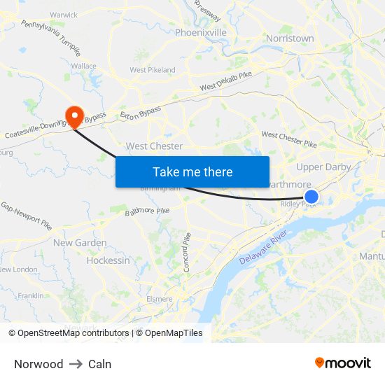 Norwood to Caln map