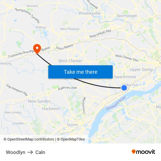 Woodlyn to Caln map